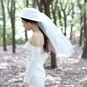 Headpieces Elegant White Satin Hat For Women Wedding Birdal Sun With Veil Bride Hair Accessories