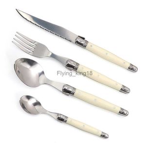 Jaswehome 4piece Laguiole Flatware Set Stainless Steel Steak Knives Forks Soup Spoons Teaspoons Ivory Color Dinnerware Tableware HKD230812