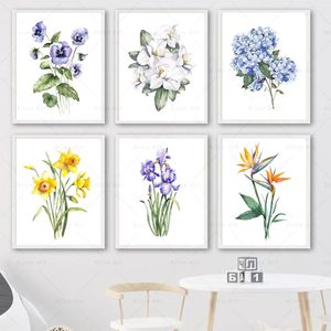 Aquarellblumen Pflanzenplakate Blau Iris Hortensie Blumen -Leinwand Malerei Drucke Wandkunst Bilder Wohnzimmer Famale Schlafzimmer Wohndekoration kein Rahmen wo6