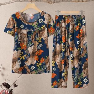 Calças femininas de duas peças 2 pçs/set elegante meia idade noite roupas cintura elástica uso diário terno floral impressão mãe verão pijamas