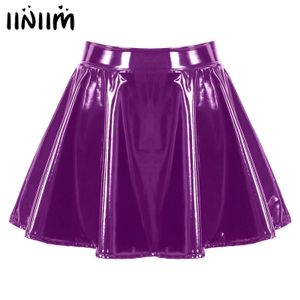 Skirts Womens Glossy Patent Leather Flared Miniskirt Dance Performance Invisible Zipper ALine Mini Skirts Clubwear Cosplay Costume 230823