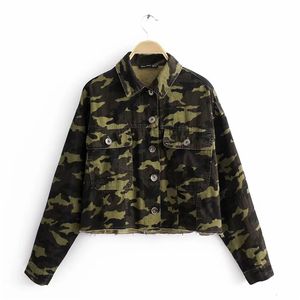 Kvinnors jackor kvinnor mode camo tryck kort denim jacka kvinnlig höst streetwear långärmad armégrön kontor kläder utkläder 230822