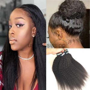 Synthetic Wigs Kinky Straight Tape In Human Hair For Women Brazilian Virgin Hair Natural Black PU Tape Ins Micro Link Full Head x0823