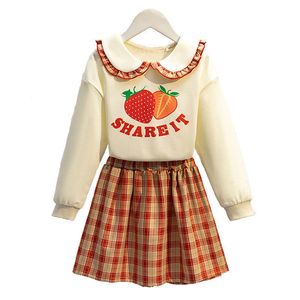 Clothing Sets autumn winter sailor sweater warm strawberry hoodie tops jk plaid skirt toddler girls cotton teen child 9 10 11 12 year 230822