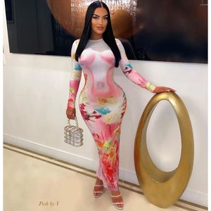 Casual Dresses Mesh Print O Neck Long Sleeve Midi Bodycon Dress Summer Women Sexy See Through Party Clubwear