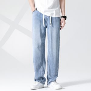 Erkekler Kot Yaz Lyocell Yumuşak Kumaş Beyaz Mavi İnce Kore Moda Çizme Tasarım Gevşek Düz Pantolon Erkek Marka 230823