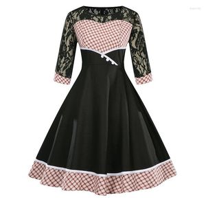 Vestidos de festa Prind Print Women Women Midi Dress Lace Lace 3/4 Mangas High Casta Retro Rockabilly Vestidos Rockabilly