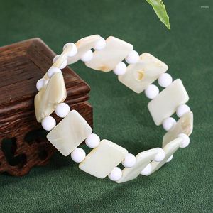 Strand Rectangular Natural Mother Of Pearl Round Spacer Beads Bracelet For Women Boho Elastic Bangles Wrist Accessories Jewelry Gifts