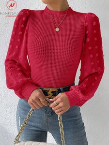 Kvinnor tröjor Kvinnor Solid Color Jacquard Tshirts Mesh Patchwork Design Se genom Oneck Puff Long Sleeve Autumn Slim Pullovers Sticked Top 230822