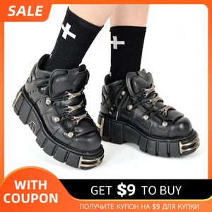 Botlar marka punk tarzı kadın ayakkabılar bağcıklı topuk yüksekliği 6cm platform ayakkabı kadın rock botları metal dekor kadın spor ayakkabılar 230822