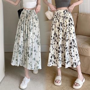 Gonne Summer Print Flower Skirt Chiffon Pieghe Women Women corean Fashion Elastic High Waist A-Line Slim Midi Long