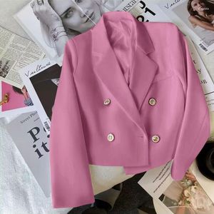 Frauenanzüge rosa doppelt baceed Crop Blazer Frauen koreanische modische modische Farbe Langarmanzug Anzug Office Damen Elegante Kurzjacke 3xl