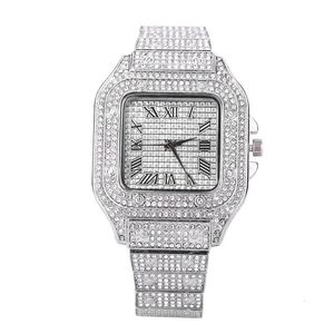 Wristwatches Iced Out Women Men Watch Square Diamondd Black Numbers Quartz Luxury Hip Hop Wrist Watches Roman Clock Relogio Masculino 230823