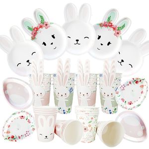 Other Event Party Supplies Happy Easter Disposable Tableware Cartoon Rabbit Bunny Shaped Plate Cup Birthday Baby Shower Decoration Kids Favor 230822