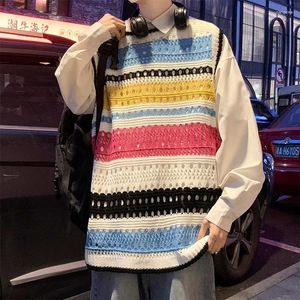 Men's Vests Spring Autumn Fashion Solid Casual Pullover Tess Vest Men Loose Knitted Top Student Preppy Style Sweater Hollow Out Striped