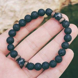 Strand Ferrite Natural Vulcânica Lava Pedra Breads Bracelet Stretch Handmade Stretch 8mm Black Rock redonda Metal Charme Bracelets