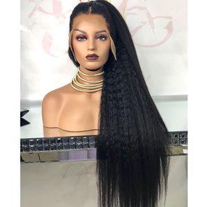 Yaki Straight Lace Frontal Human Hair Wig HD Transparent Lace Frontal Wigs 32 Inch Kinky Straight Synthetic Wigs for Women