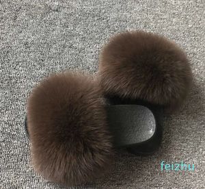 Wholesale Real Fox Hair Fur Slippers Womens Summer Slides Flip Flops Popular Fluffy Fur Sandals Beach Woman Shoes Slipper