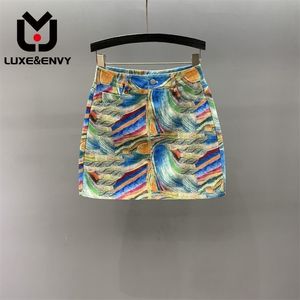 Skirts LUXE Printed Denim Skirt Women's High Waist A line Summer 2023 Slim And Girl Wrap Hip Short Wholesale Clothes 230822