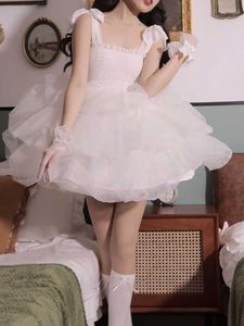 White Lace Kawaii fofo dres bow France France Elegant Party Mini Dress Feminino Feminino Sem Estilo Coreano Princesa Summer 230808