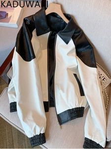 Womens Jackets Black White Color Contrast Leather Coat Women Spring Fashion Vintage Casual Jacket Korean Style Y2K Streetwear Tops 230822