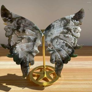 Decorative Figurines Natural Energy Moss Agate Crystal Hand-carved Butterfly Wings Home Decor Gift Accessories Quartz Holder