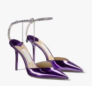 Luxury sandal pumps SAEDA 100mm heeled patent or satin Sandals crystal Jewel strap bride pump wedding party dress shoe pointy