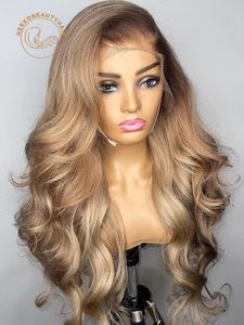 Miód blondynka koronkowa przednia peruka fala ciała 13x6 HD przezroczystą koronkową perukę frontalną Ombre Blond Perukę Human Hair Peruki z brązowym korzeniem