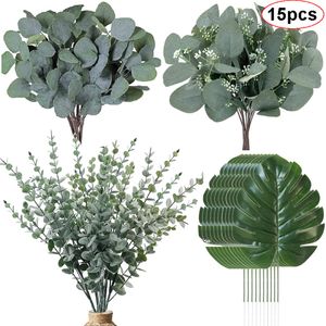 Decorative Flowers Wreaths 15PCS Artificial Eucalyptus Leave Greenery Stems with Frost for Vase Home Party Wedding Decoration Outdoor DIY Flower Wall Decor 230823