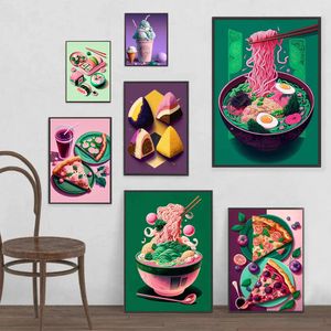 キャンバスペインティング絶妙なラーメンピザアイスクリーム抽象カラフルな食べ物とドリンクポスターとプリントウォールアートキッチンレストランダイニングルーム装飾WO6