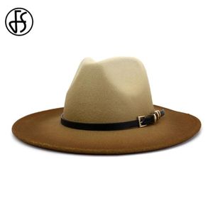 Beige Camel Wool Jazz Hat Kvinnor Män kände breda brimhattar Trilby Ladies Vintage Gradient Panama Fedora Cap med Belt Buckle286Z