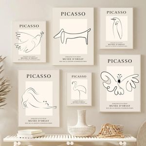 Linha de pintura de lona Cachorro animal pomba pomba flamingo arte nórdica minimalista Picasso Posters e impressões Fictes de parede para sala de estar Decoração de quarto sem moldura Wo6