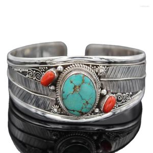 Bangle Bohemia Metal Carved Leaf Turquoise Wide Armband Silver Color Natural Stone Vintage Jewelry Ethnic Cuff