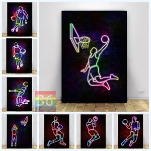 Streszczenie Sport Basketball Poster Basketball Neon Canvas Ball Sports Wall Art Picture Wall Sali salon Boy Dekoracja sypialni Dekoracja Brak ramki WO6