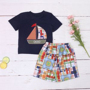 Clothing Sets Wholesale Baby Cotton Short Sleeved Tshirt Set Round Neck Boat Printing Boy Top Clothes And Multicolor Shorts Suit 230823