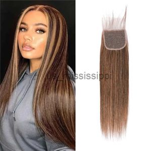 Perucas sintéticas Destaque 427 4x4 Fechamento de renda Cabelo humano reto Fechamento profundo do fechamento da renda brasileira Nó de branqueamento Brashed Remy Hair X0823