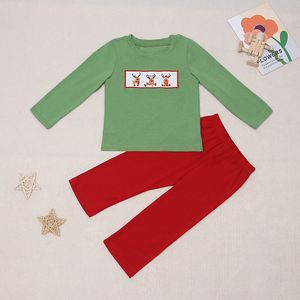 Clothing Sets Christmas Embroider Deer Children Boys Clothes Kid Baby Red Green Suit Solid Color Trousers Outfit Cotton Laddish Farm Styles 230823