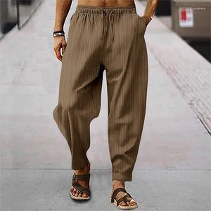 Pantaloni maschili da uomo in cotone lino in cotone casual traspirato susce di spiaggia 2023 uomini stampati a strisce di moda estiva