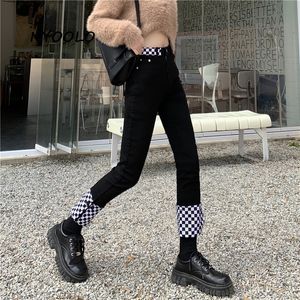Women's Jeans NYOOLO Casual Street Plaid Patchwork High Waist Design Straight Slim Ankle Length Washed Jean Cloth Office Lady Workwear 230823