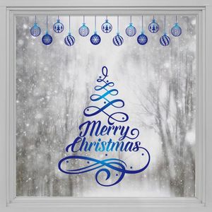 Window Stickers Kizcozy Blue Painting Merry Christmas Tree With Bells Decorative Film For Living Room Stained-Glass Waterproof