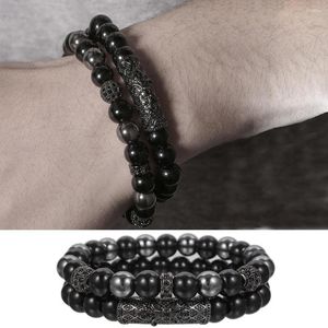 Charmarmband 8mm pärlor armband för män svart frostad sten mikro inlagd zirkon naturlig uppsättning elastiska smycken