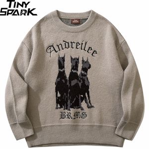 Erkek Sweaters Erkek Kazak 3 Doberman Köpek Grafik Sokak Giyim Örme Kazak Hip Hop Retro Ezme Sonbahar Pamuk Sıradan Kazak Hipster 230822