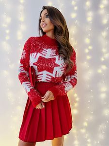 Women's Sweaters Christma's Sweater Snowflake Pattern Full Sleeve Mockneck Knitwear Warm Thicken Jacquard Jumpers Xmas Look Pullover Tops 230822