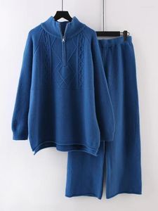 Calças de duas peças de duas peças elegantes de malha de inverno e um traje de camisola de zíper solto e perna larga