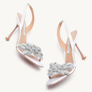 Aquazura MS Galactic Flower Stiletto Sandaler 9.5CMevening Shoes Water Rhinestone Flower Decoration White Wedding Shoes Luxury Designers Sandals Size