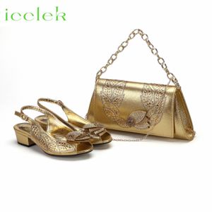 ゴールド644ドレスエストカラーポンプフラワーデザインパーティーの女性靴とバッグで飾られたローヒールセット230822