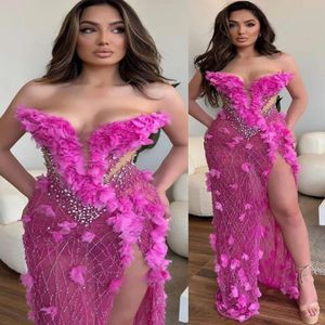 2023 Augusti Aso Ebi Fuchsia sjöjungfru Prom Dress Crystals High Split Evening Formal Party Second Reception Födelsedagsengagemang Klänningar klänningar Robe de Soiree ZJ7111