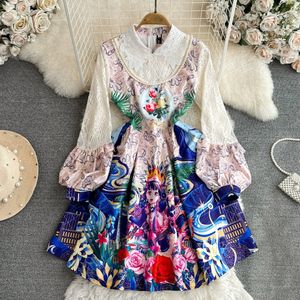 Vintage Palace Style Dress Temperament Lantern Sleeves Rollover Neck Slim Mid length A-line Printed Lace Dress