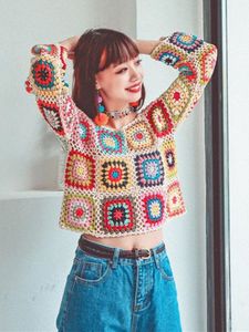 Women's Sweaters Flower Knit Crop Tops Women Long Sleeve Hollow Out See Through Loose Tops and Blouses Bohemian Sexy Sweater Female Knitwear 230822