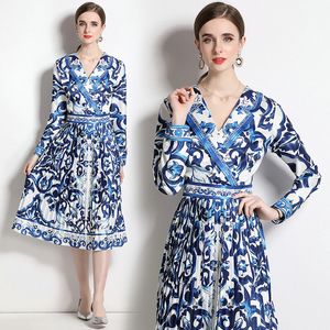 Women Boutique Printed Dress Long Sleeve Suit Collar Dress 2023 Autumn New Pleated Dresses High-end OL Lady Dresses Runway Party Dresses